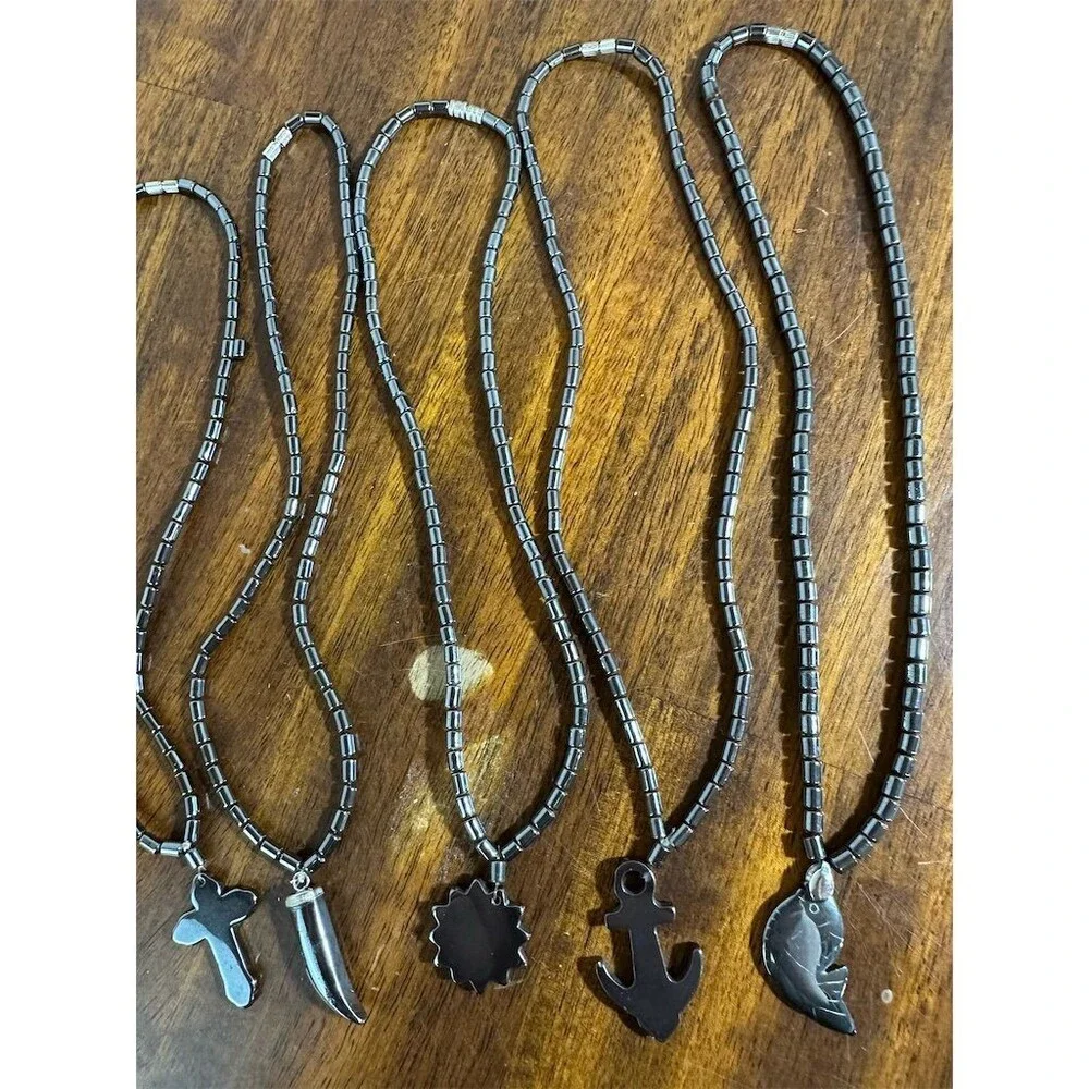 6Pc Hematite Stone Pendant Necklace Lot Fish Cross Anchor Horn Sun Heart